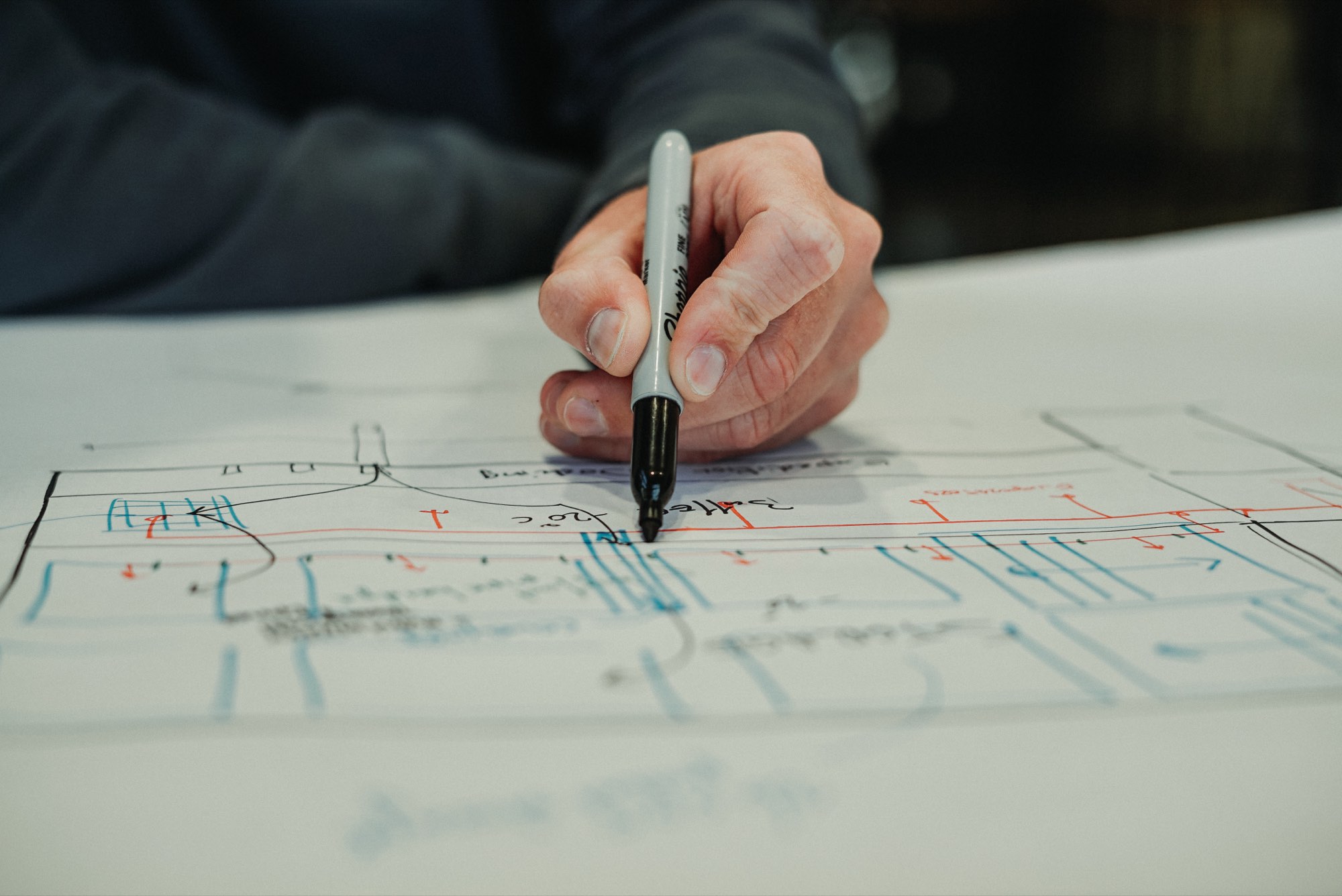 Marking up a layout drawing in marker, noting buffer temperatures and zoning